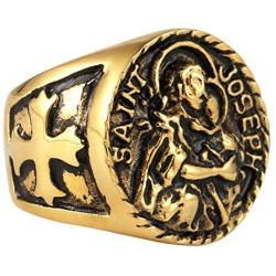 AsAlways Gold-Plated Stainless Steel St. Saint Joseph Medal Protect US Amulet Stainless Steel Solid Cross Catholics Ring
