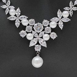 Roseeden Bridal Zirconia Necklace and Earrings Set Pearl Jewelry for Brides and Bridesmaids RE8062