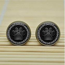 Paw Print with Dog Bone Border Earrings Studs Jewelry Glass Cabochon Earrings Post