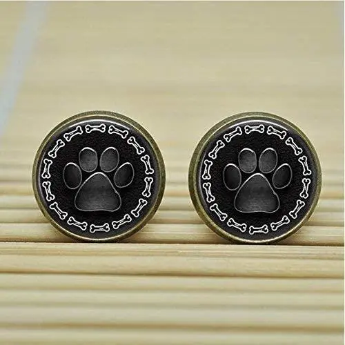 Paw Print with Dog Bone Border Earrings Studs Jewelry Glass Cabochon Earrings Post