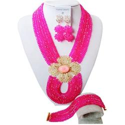 laanc 6Rows 18 inch African Beads Necklace Bracelet Earrings Nigerian Style Wedding Party Jewelry Sets