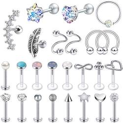 25Pcs 16G Cartilage Earrings Tragus Earring Surgical Steel Studs Helix Conch Rook Daith Piercing Jewelry Lip Rings for Women Men