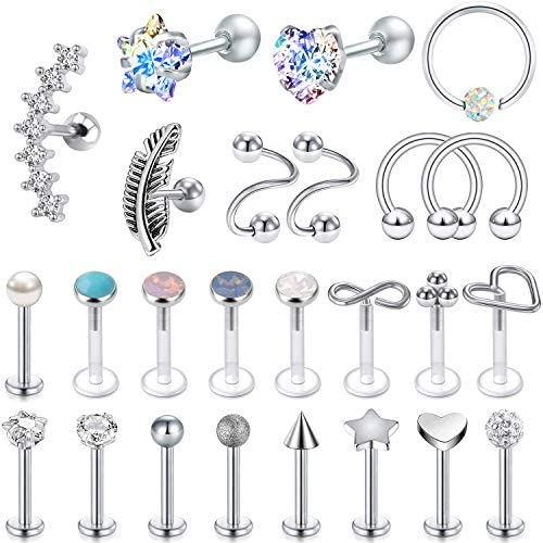 25Pcs 16G Cartilage Earrings Tragus Earring Surgical Steel Studs Helix Conch Rook Daith Piercing Jewelry Lip Rings for Women Men