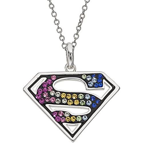 DC Comics Superman Jewelry for Women, Silver Plated Rainbow Crystal Pendant, 18'' Chain