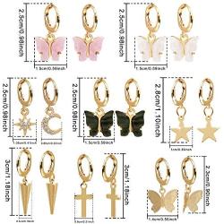 8 Pairs Cute Dainty Moon Star Huggie Dangle Hoop Earrings for Women with Sparkling CZ Crystal Mini Huggie Hoop Lightweight Earrings Set with Dangle Charms