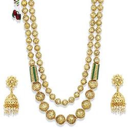 SANARA Indian Traditional Wedding Ethnic Golden Lakshmi Temple Gold Mala Necklace Earring Set Women South Indian Multi Strand Polki Jewelry (Red)