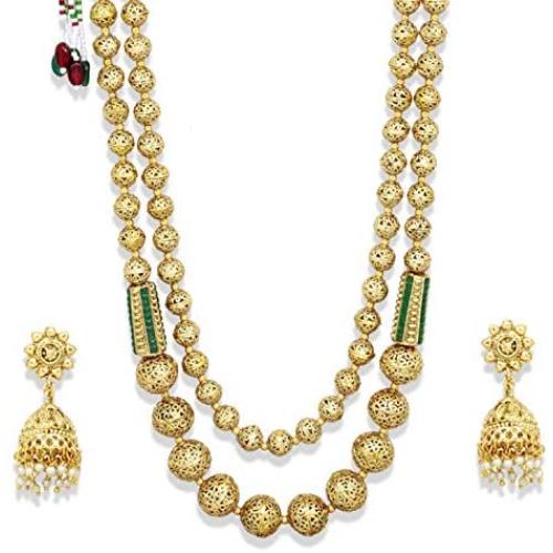 SANARA Indian Traditional Wedding Ethnic Golden Lakshmi Temple Gold Mala Necklace Earring Set Women South Indian Multi Strand Polki Jewelry (Red)