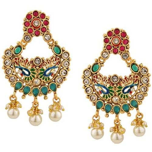 Efulgenz Indian Bollywood 14K Gold Plated Traditional Wedding Crystal Pearl Tassel Chandelier Chandbali Earrings Jewelry Set