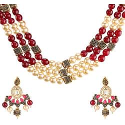 Efulgenz Indian Bollywood Multi Layered Faux Ruby Kundan Pearl Beads Bridal Wedding Floral Necklace Earrings Jewelry Set for Women