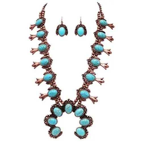 Rosemarie & Jubalee Womens Statement Western Copper and Turquoise Howlite Squash Blossom Necklace Earrings Set, 24''-27'' with 3'' Extension Rosemarie & Jubalee Womens Statement Western Copper and Turquoise Howlite Squash Blossom Necklace Earrings Set, 24''-27'' with 3'' Extension