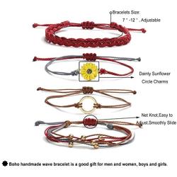 String Wave Ankle Bracelets for Women Adjustable Compass Bracelets Waterproof Handmade Strand Braided Rope Sunflower Boho Bracelet Set Women Teen Girls