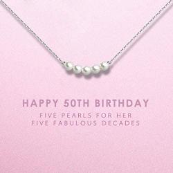 50th Birthday Gifts for Women - Sterling Silver Necklace Five Pearls for Her 5 Decades - 50 Years Old Jewelry Gift Idea