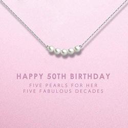 50th Birthday Gifts for Women - Sterling Silver Necklace Five Pearls for Her 5 Decades - 50 Years Old Jewelry Gift Idea