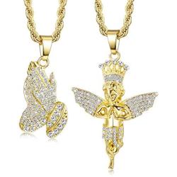 Jstyle 2Pcs Gold Plated Necklaces for Women Men Prayer Hand Angel Pendant Necklace Ice Out Hip Hop Rope Chain 24'' 30''