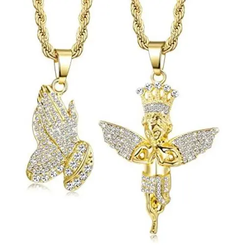 Jstyle 2Pcs Gold Plated Necklaces for Women Men Prayer Hand Angel Pendant Necklace Ice Out Hip Hop Rope Chain 24'' 30''