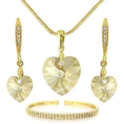 Swarovski Elements Champagne Colour Crystal Jewelry Heart Set - Bracelet Necklace Earrings - Gold Tone