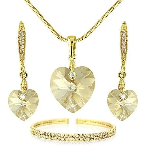 Swarovski Elements Champagne Colour Crystal Jewelry Heart Set - Bracelet Necklace Earrings - Gold Tone Swarovski Elements Champagne Colour Crystal Jewelry Heart Set - Bracelet Necklace Earrings - Gold Tone