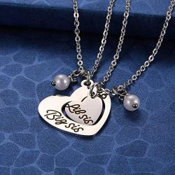 MIXJOY Sister Necklace for 2 Big Sis Little Sis Heart Pendant Necklace Set Stainless Steel