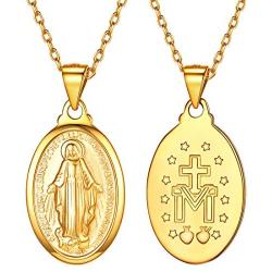 U7 Virgin Mary Necklace & Chain 22'' 18K Gold Plated Women/Men Christian Jewelry Cross Miraculous Medal Pendant Necklace, with Free Engraving Service