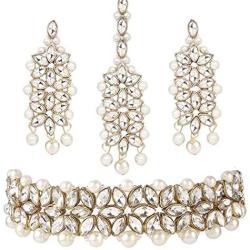 Aheli Faux Stone Studded Wedding Party Wear Bridal Choker Necklace with Maang Tikka Set Indian Traditional Fashion Jewelry for Women