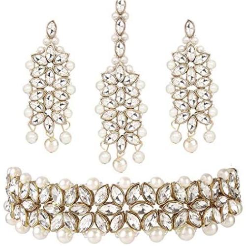 Aheli Faux Stone Studded Wedding Party Wear Bridal Choker Necklace with Maang Tikka Set Indian Traditional Fashion Jewelry for Women