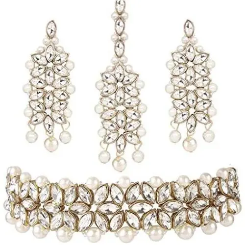Aheli Faux Stone Studded Wedding Party Wear Bridal Choker Necklace with Maang Tikka Set Indian Traditional Fashion Jewelry for Women