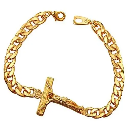 U7 Crucifix Bracelets Men 6mm Beaded Chain or 7mm Cuban Chain Vintage Crucifix Cross Charm Link Bracelet, Customized Text Engravable U7 Crucifix Bracelets Men 6mm Beaded Chain or 7mm Cuban Chain Vintage Crucifix Cross Charm Link Bracelet, Customized Text Engravable
