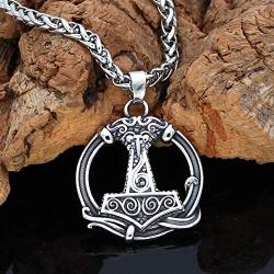 GuoShuang Viking Men Mjolnir Thor Hammer Raven Rune Stainless Steel Necklace with Valknut Gift Bag Nordic Jewelry
