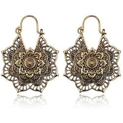 Vintage Mandala Flower Drop Dangle Earring for Women Girl Tribal Hollow Floral Pendant Earrings (Gold)