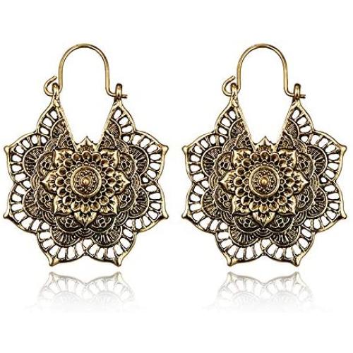 Vintage Mandala Flower Drop Dangle Earring for Women Girl Tribal Hollow Floral Pendant Earrings (Gold)