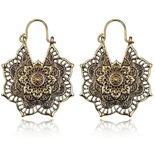 Vintage Mandala Flower Drop Dangle Earring for Women Girl Tribal Hollow Floral Pendant Earrings (Gold)