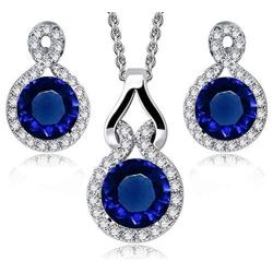 Crystalline Azuria Round Blue Simulated Sapphire Zirconia Crystals Set Pendant Necklace 18'' Earrings 18 ct White Gold Plated