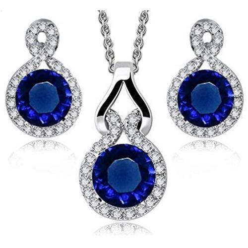Crystalline Azuria Round Blue Simulated Sapphire Zirconia Crystals Set Pendant Necklace 18'' Earrings 18 ct White Gold Plated
