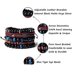 WAINIS Braided Leather Bracelets for Men Women Wrap Tiger Eye Lava Rock Beads Bracelet Woven Ethnic Tribal Rope Wristbands Bracelets Set Adjustable