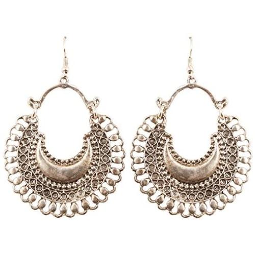 Touchstone''Tribal Bohemian Chic'' Indian Bollywood pretty fringes and floral theme ethnic south Indian Chandbali Moon bridal designer jewelry chandelier earrings for women