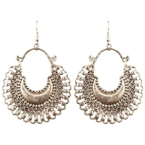 Touchstone''Tribal Bohemian Chic'' Indian Bollywood pretty fringes and floral theme ethnic south Indian Chandbali Moon bridal designer jewelry chandelier earrings for women