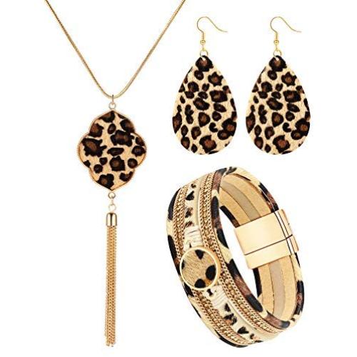 Hicarer 3 Pieces Leopard Jewelry Set Leopard Bracelet Earring Necklace for Women Girls