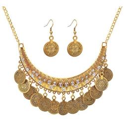 MIXIA Dancing Gypsy Jewelry Ethnic Coin Bib Necklace Drop Earring 2 Pcs Jewelry Set Women Exotic Bohemian Accessories