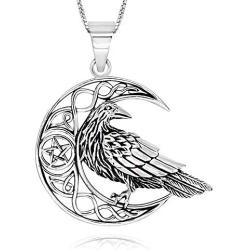 925 Sterling Silver Celtic Crescent Moon Raven Pendant Necklace, 18''