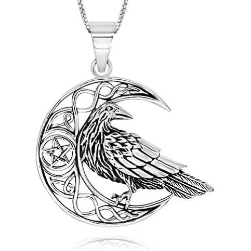 925 Sterling Silver Celtic Crescent Moon Raven Pendant Necklace, 18''