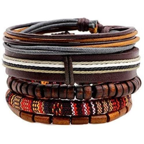 MRSXXNT Wrap Bracelets Mens Women Cowhide Multi-Layer Braided Leather Bracelet Bangle Adjustable Bracelet 5pcs