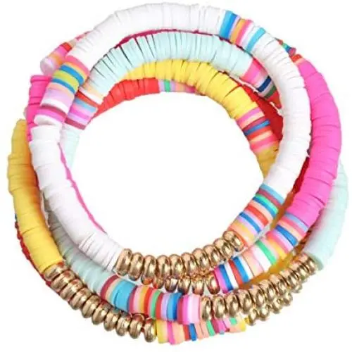 ATIMIGO 5Pcs Colorful Beads Heishi Bracelets Handmade Rainbow Boho Surfur Bracelets Set Stackable Stretch Summer Beach Jewelry for Women Men Girls