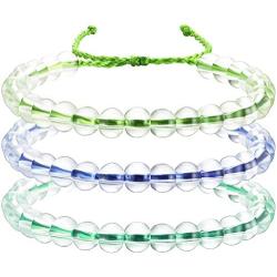 3 Pieces Transparent Glass Bead Bracelet Bead Bracelet Upcycled Jewelry Weaving Bracelet Adjustable Handmade Unisex Design (Blue, Blue-Green, Green)