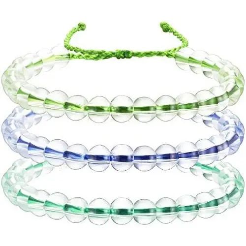 3 Pieces Transparent Glass Bead Bracelet Bead Bracelet Upcycled Jewelry Weaving Bracelet Adjustable Handmade Unisex Design (Blue, Blue-Green, Green) 3 Pieces Transparent Glass Bead Bracelet Bead Bracelet Upcycled Jewelry Weaving Bracelet Adjustable Handmade Unisex Design (Blue, Blue-Green, Green)