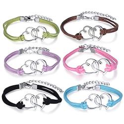 Yumilok Jewelry 6 Pcs Boys Girls Alloy Double Hollow Heart Telesthesia Charm Handmade Leather Braided Rope Wrap Bracelet Set