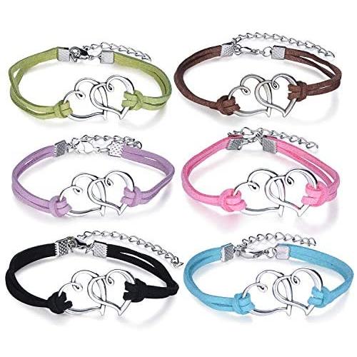Yumilok Jewelry 6 Pcs Boys Girls Alloy Double Hollow Heart Telesthesia Charm Handmade Leather Braided Rope Wrap Bracelet Set