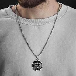 Steve Madden Mens Oxidized Lion Head Coin Pendant Chain Necklace in Stainless Steel, Silver, 28