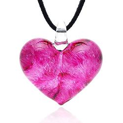 Suvani Jewelry Hand Blown Venetian Murano Glass Rose Pink Heart Shaped Pendant Necklace, 18-20 inches