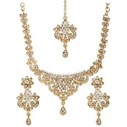 Bindhani Womens Indian Style Jewelry Bridal Wedding Crafted Brides Fashion Gold Plated Austrian Crystal Rhinestone Necklace Earrings Tikka Bollywood Party Wear Jewellery Tika Set for Bridemaids