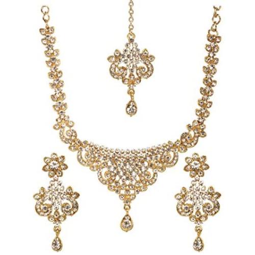 Bindhani Womens Indian Style Jewelry Bridal Wedding Crafted Brides Fashion Gold Plated Austrian Crystal Rhinestone Necklace Earrings Tikka Bollywood Party Wear Jewellery Tika Set for Bridemaids